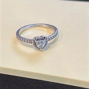 Pandora Elevated Cubic Zirconia Heart Silver Ring Size 9 missing one stone